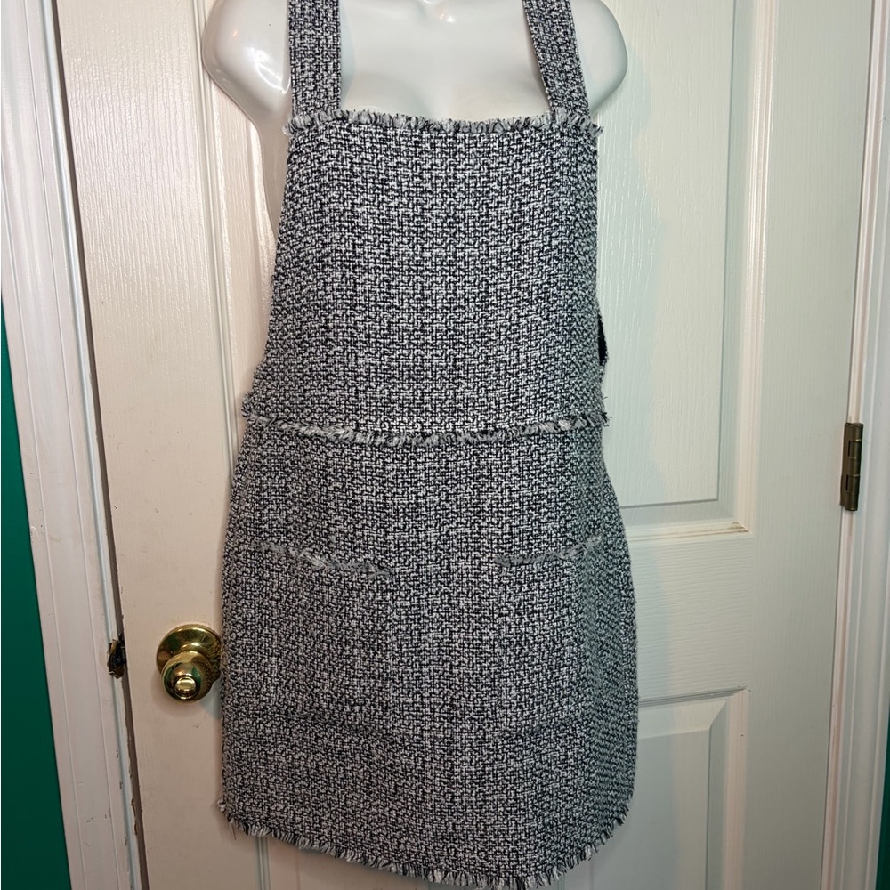 NWT FOREVER 21 Black White Tweed Overall Dress Fringe Sleeveless Pockets Size S